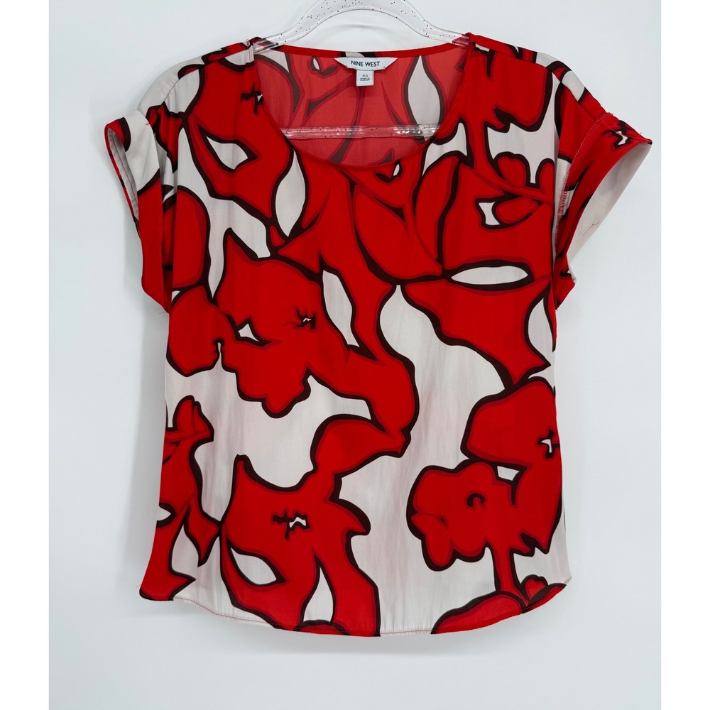 Nine West Womens Red White Abstract Floral Short Sleeve Blouse Sz XS
